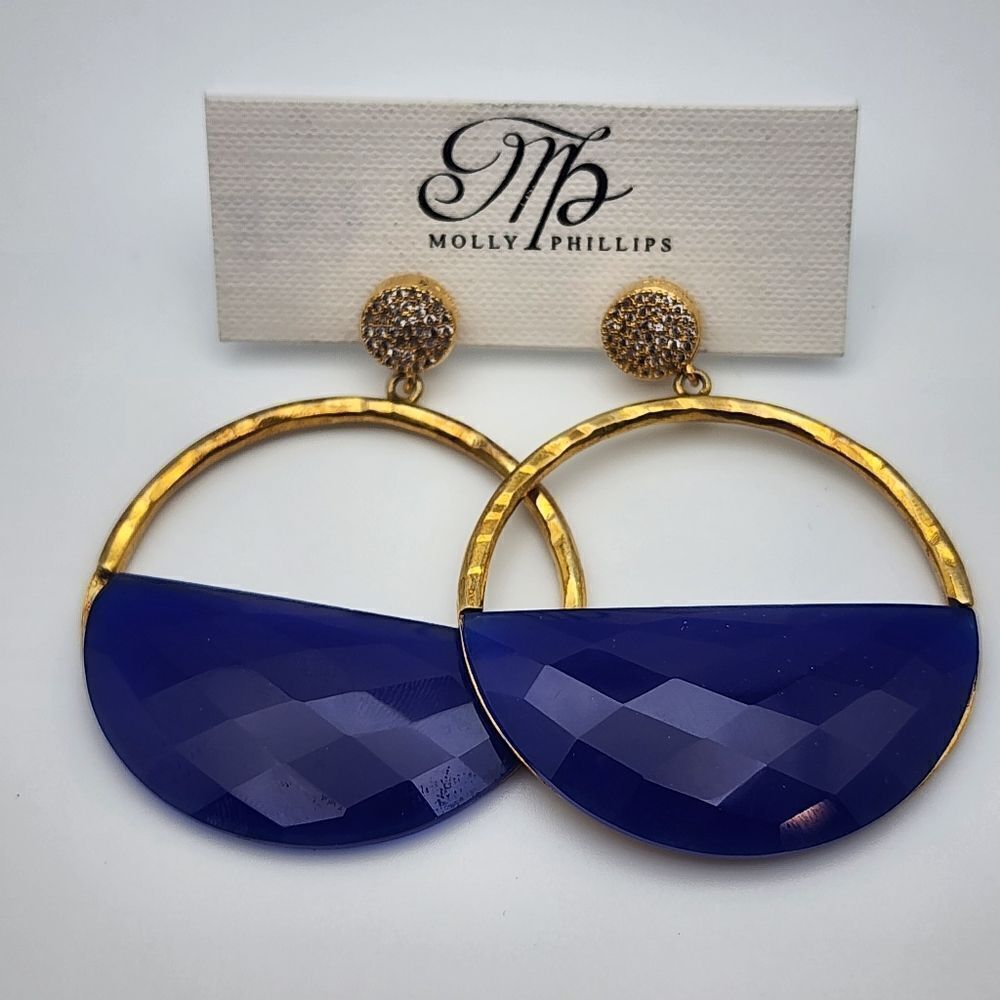 NWT Molly Phillips Bardot Gold Tone & Blue Dangling Half Hoop Earrings
